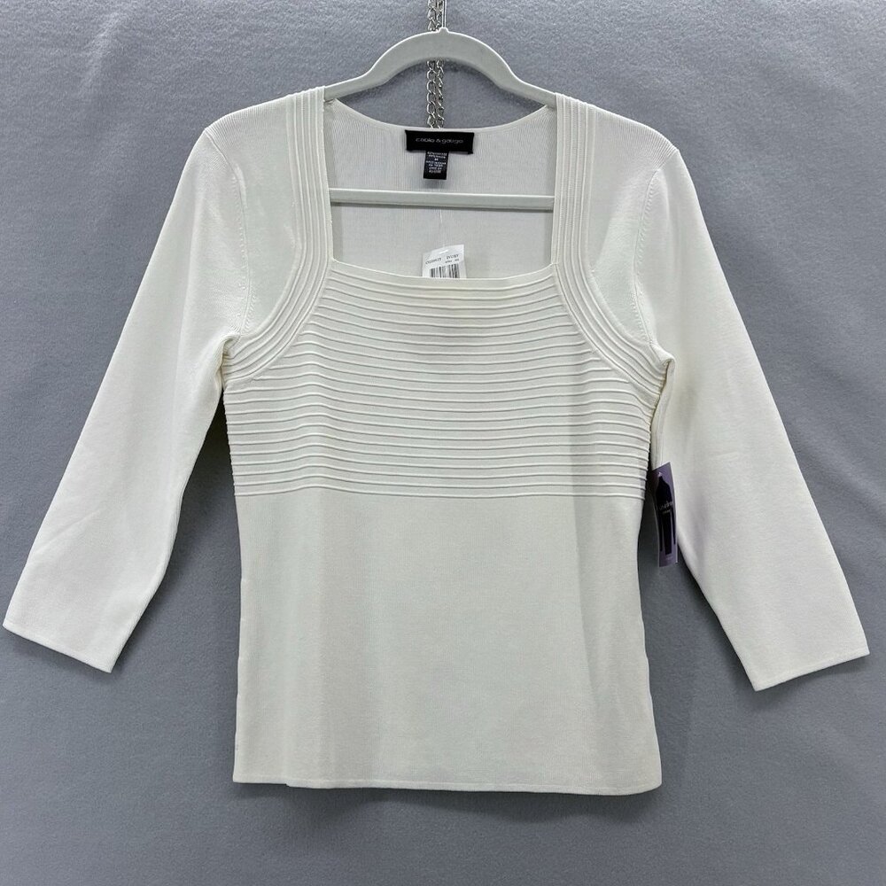 Cable & Gauge Cream Tight Knit Sweater, Square Neck&Ribbed Design SZ Medium NWT